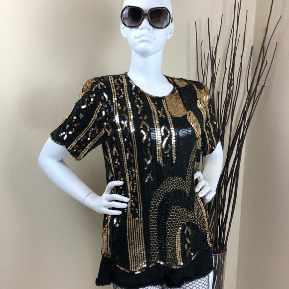 Vintage Tops - Vintage 80's Black and Gold Sequin Beaded Top